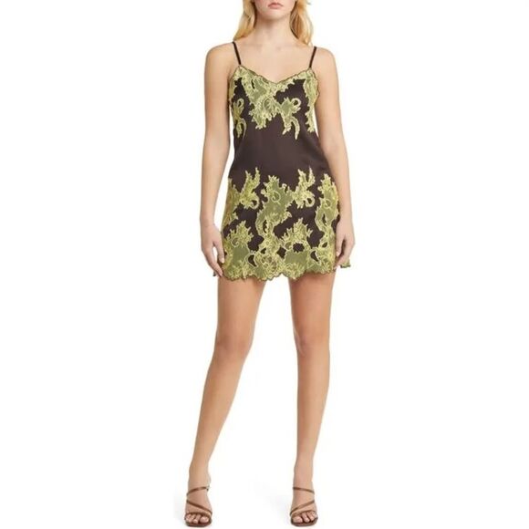 Topshop Satin and Lace Cami Mini Dress in Chocolate and lime-Brown - Picture 1 of 12